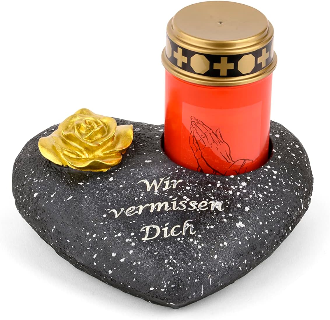 Grabschmuck Herz Schwarz mit Rose Spruch Wir vermissen Dich inkl. LED Grablicht Rot Grabdeko Grabherz Wetterfest Grabdekoration Gedenkstein Teelichthalter Trauerstein - Bild 1