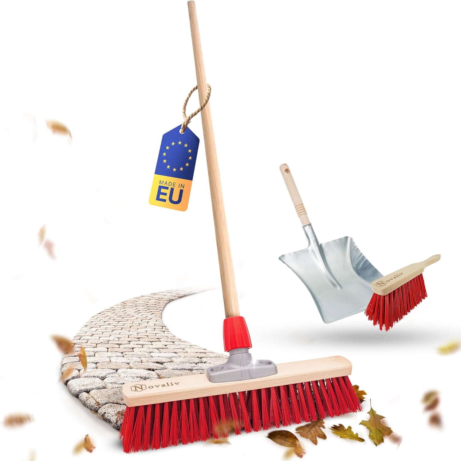 Stra&szlig;enbesen mit Stiel 40 cm Set I Besen Kehrblech und Handfeger I Elaston rot I mit Gewinde I Stra&szlig;enbesen Breit Gartenbesen Outdoor Besen drau&szlig;en Besen Au&szlig;enbereich - Bild 1