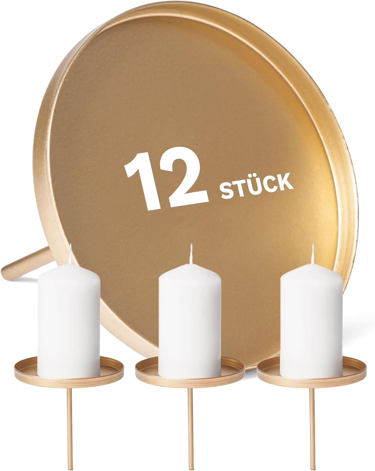 12X Kerzenpick Flach Gold 10cm Durchmesser I Kerzenteller mit Dorn Metall I Adventskerzenhalter Weihnachtsdekoration Kerzenpin I Kerzenstecker f&uuml;r Adventskranz - Bild 1