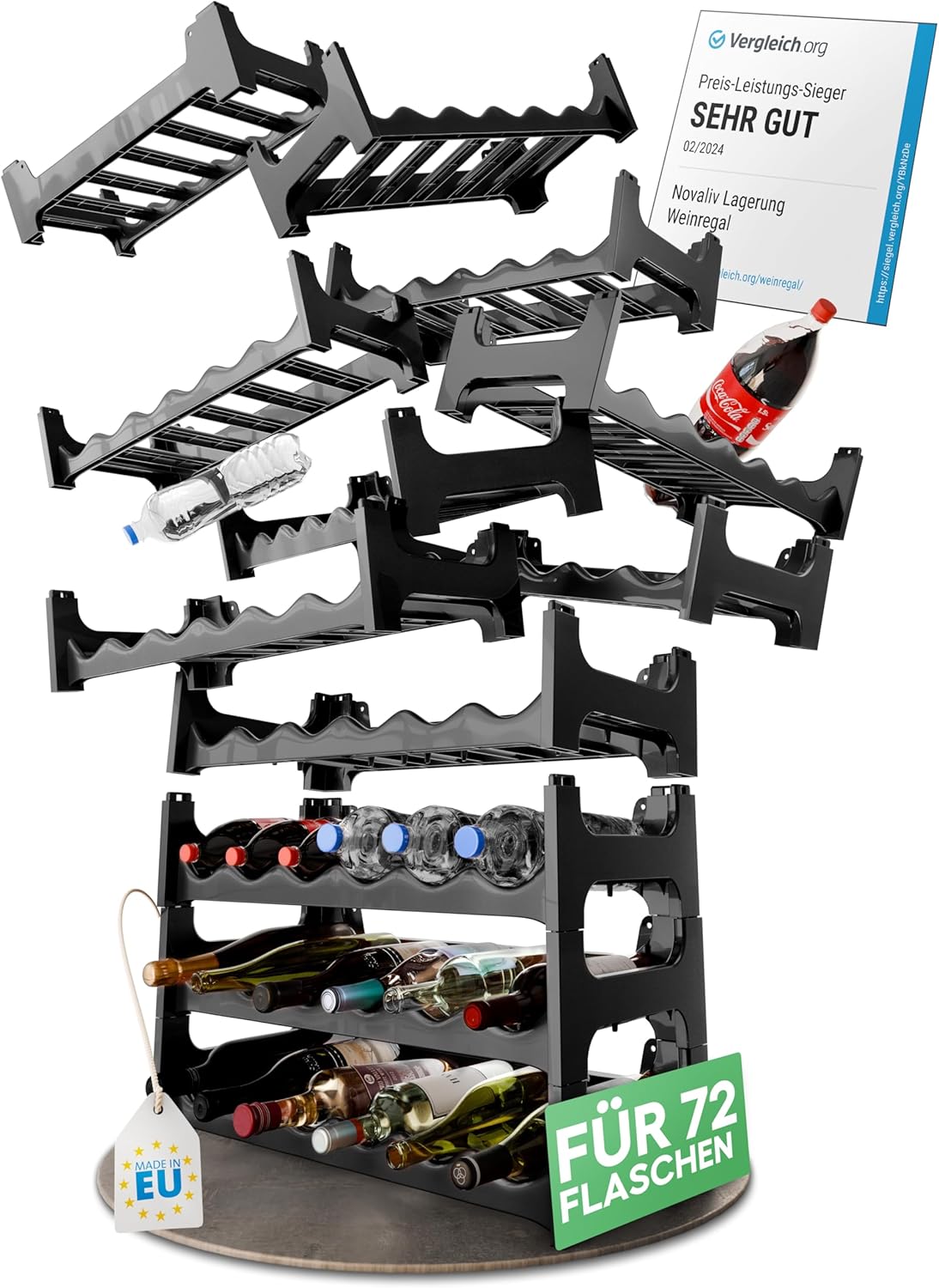 Modulares Flaschenregal f&uuml;r 72 Weinflaschen - Weinregal Kunststoff stapelbar , Schwarz , Recycelt , Erweiterbar , Robust - Ideal f&uuml;r Weinlagerung in Keller , Gastronomie & Zuhause , Getr&auml;nkeschrank - Bild 1
