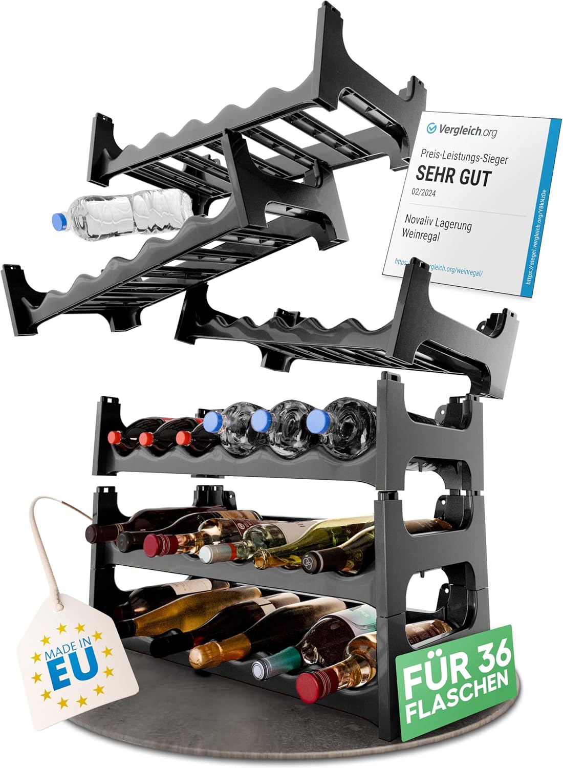 Flaschenregal f&uuml;r 36 Flaschen aus Kunststoff Recycelt , erweiterbar , Weinregal stapelbar , Schwarz , Getr&auml;nkeregal Flaschen Regalsystem , Regal f&uuml;r Getr&auml;nke , Flaschenschrank , Spirituosen Regal - Bild 1