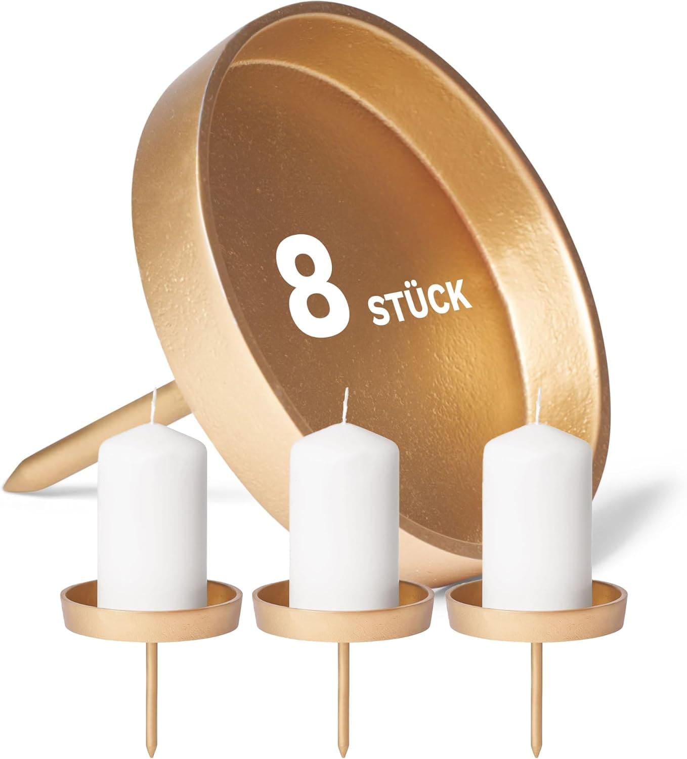 8X Kerzent&uuml;lle ohne Dorn 10cm Gold Aluminium Kerzenhalter Metall rund Kerzenpick Weihnachtsdekoration Kerzenst&auml;nder Kerzenteller zur Dekoration Adventskranzdekor Stecken - Bild 1