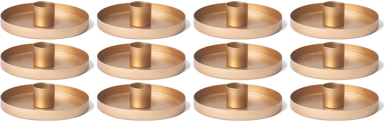 12er-Set Stabkerzenhalter rund Metall Durchmesser 14cm Dekoschale Gold Weihnachtsdekoration Kerzenhalter Adventskranz scandic chic Kerzenteller Tafelkerzen Candle Holder Kerzenpick - Bild 1