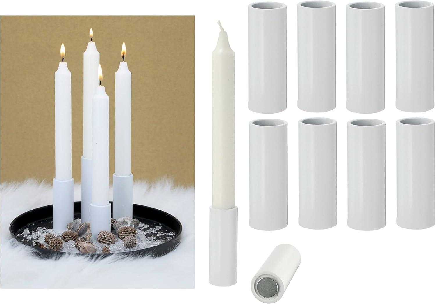 8X Kerzenhalter f&uuml;r Stabkerzen magentisch Weiss 2 ,8x5cm Kerzenst&auml;nder weihnachtlich Tischdekoration Kerzent&uuml;lle Wohnzimmerdeko Candle Holder scandic chic Magnet Tafelkerzen - Bild 1