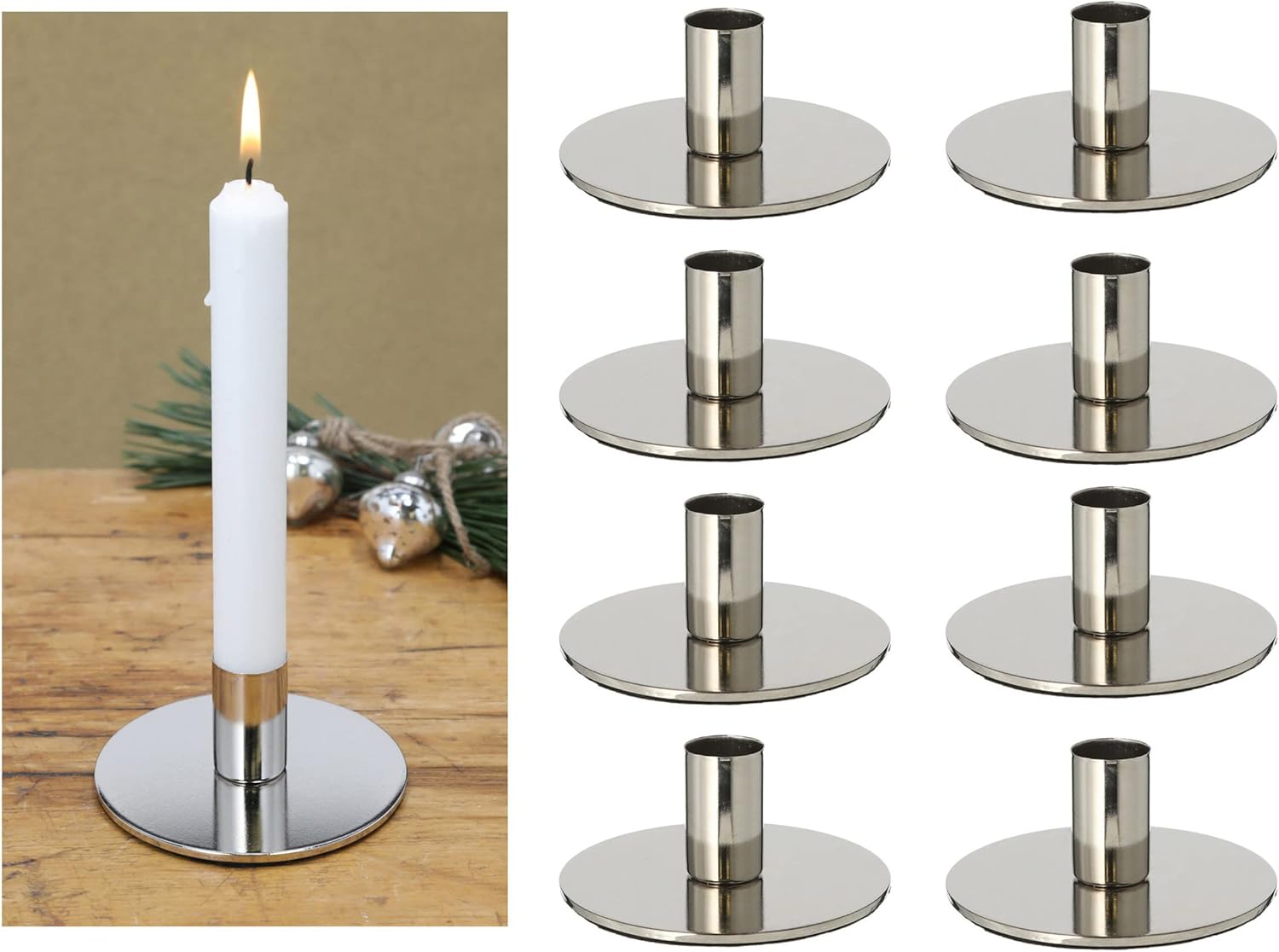 8X Stabkerzenhalter Metall Kerzenst&auml;nder Silber 10x5cm Weihnachten Dekoschale Kerzenpin scandic chic Kerzenst&auml;nder Tafelkerzen Adventskranz Tischdekoration Kerzenteller Dekoschale - Bild 1