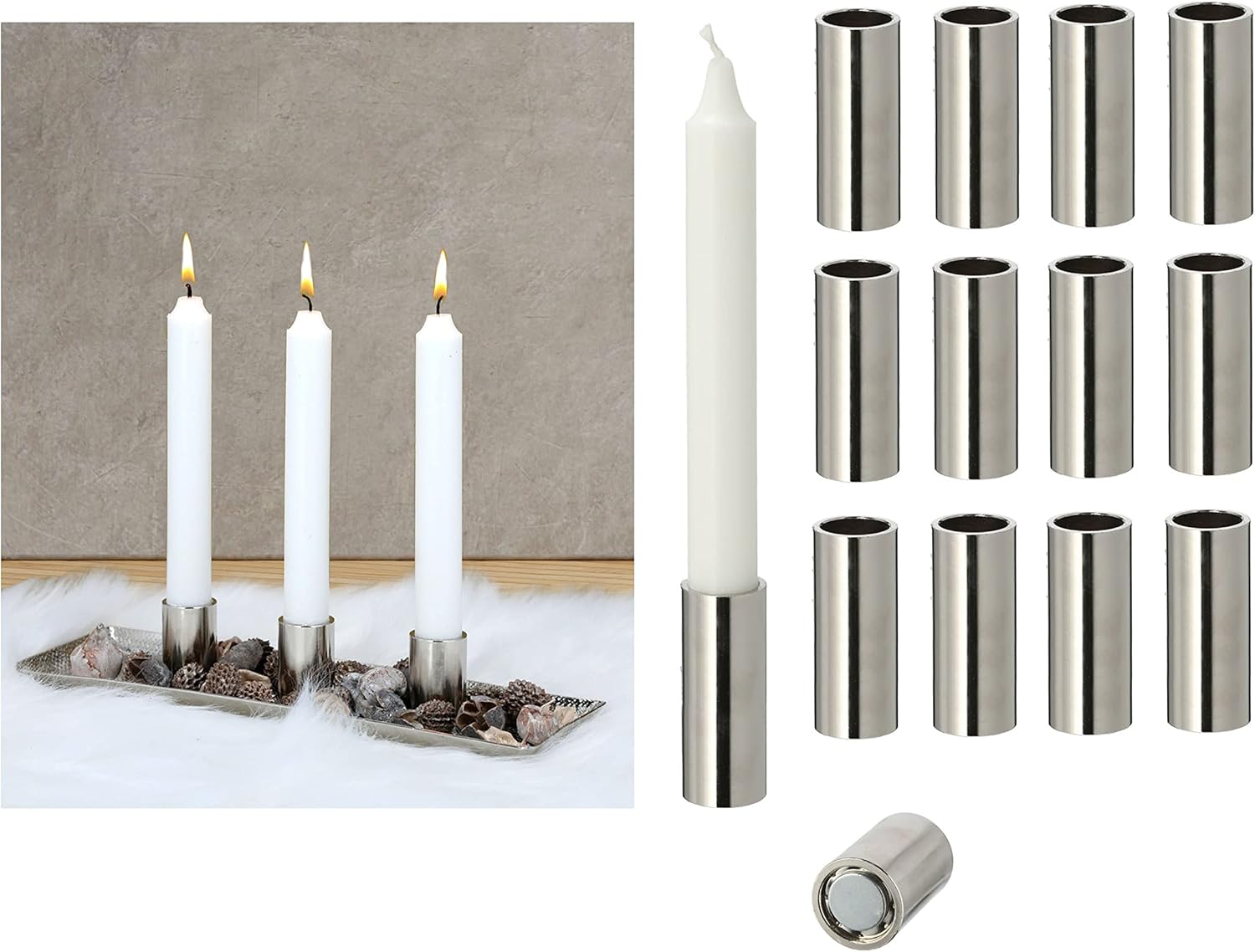 12x Stabkerzenhalter magnetisch Metall Kerzenst&auml;nder SILBER 2 ,5x5cm Weihnachten Dekoschale Tischdekoration Kerzenteller Dekoschale Kerzenpin scandic chic Kerzenst&auml;nder Tafelkerzen Adventskranz - Bild 1