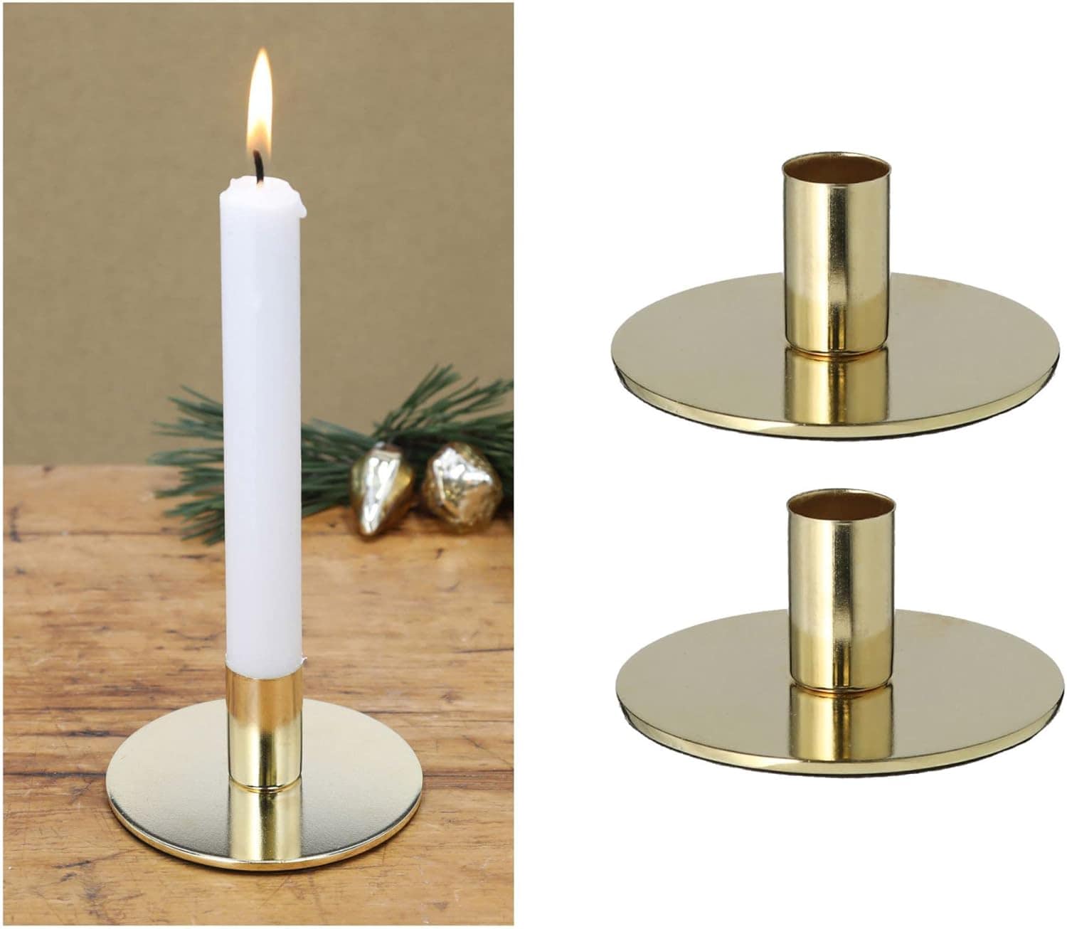 2er-Set Kerzenhalter Metall rund Gold 10x5cm weihnachtliche Tischdekoration Kerzenst&auml;nder Tafelkerzen Kerzenpin scandic chic Vintage Kerzenhalter Retro Kerzenteller Dekoschale Wohnzimmer - Bild 1