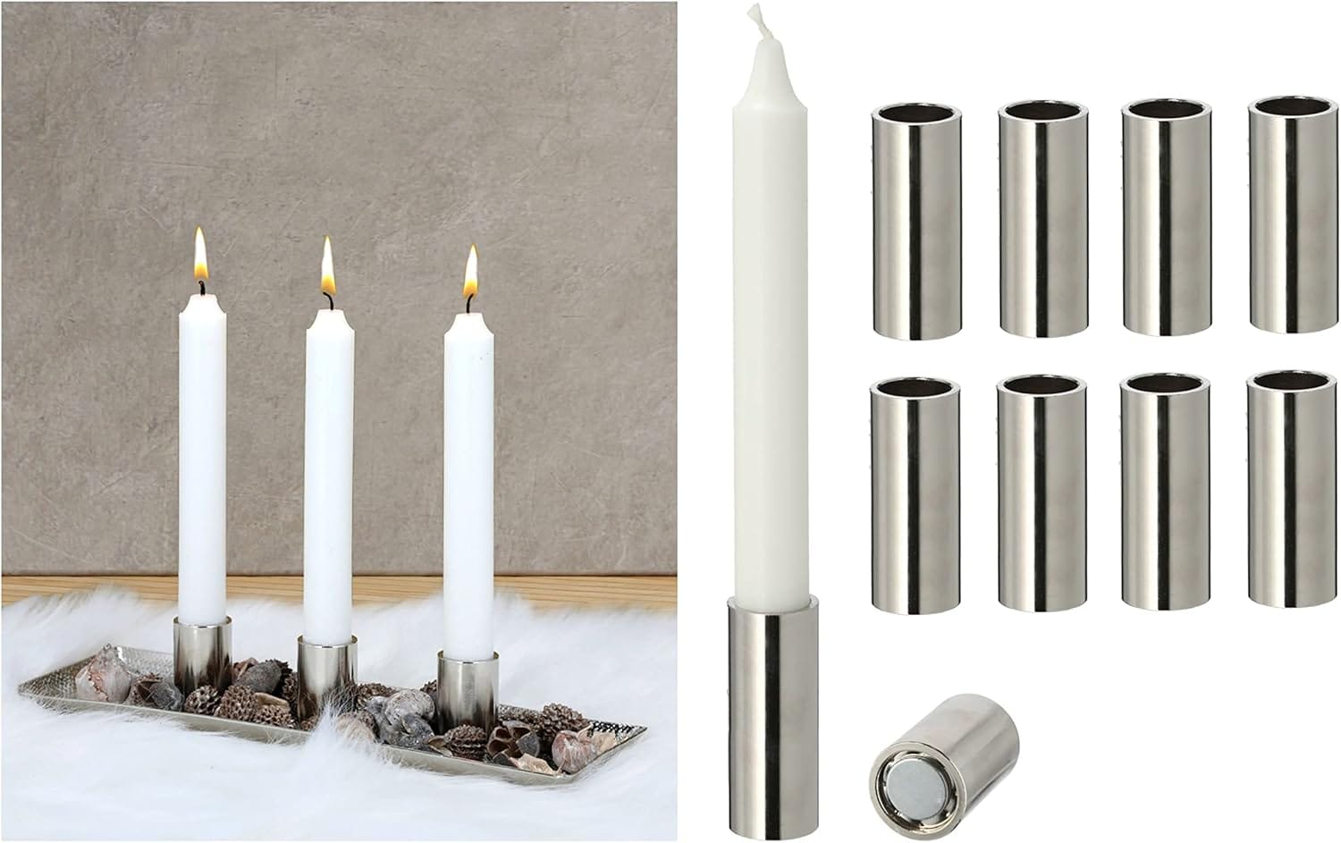 8X Kerzenhalter f&uuml;r Stabkerzen magentisch Silber 2 ,5x7 ,5cm Tischdekoration Kerzent&uuml;lle Wohnzimmerdeko Kerzenst&auml;nder weihnachtlich Candle Holder scandic chic Magnet Tafelkerzen - Bild 1