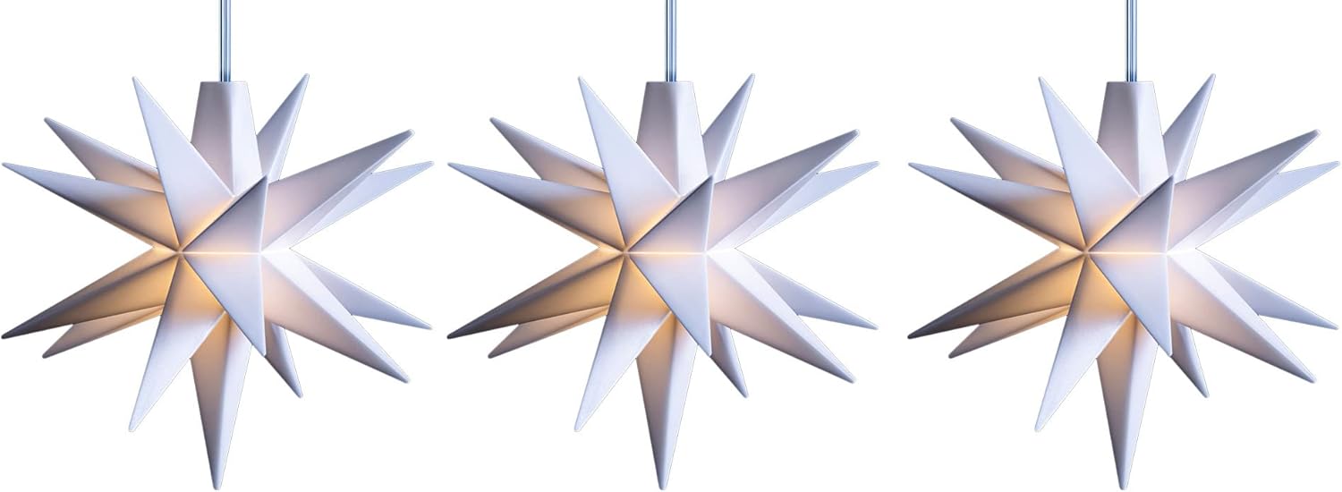 3x LED Dekosterne Klein 8cm WEISS mit Batteriefach f&uuml;r 3 AA Batterien 6h Timerfunktion (1,5m Kabel) Weihnachtsdeko Kinderzimmer Batterie 3D Stern 18 Zackig Leuchtstern LED Mini Lichterkette - Bild 1