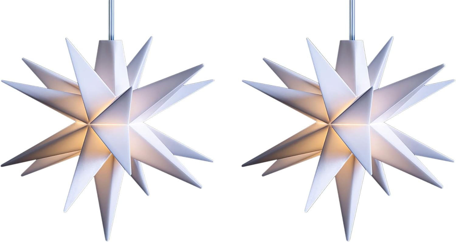 2x Weihnachtssterne LED Dekostern Klein 12cm WEISS mit Batteriefach f&uuml;r 3 AA Batterien 6h Timerfunktion (1 ,5m Kabel) INNENRAUM DEKO 3D Stern 18 Zackig Leuchtstern LED Lichterkette Weihnachten - Bild 1