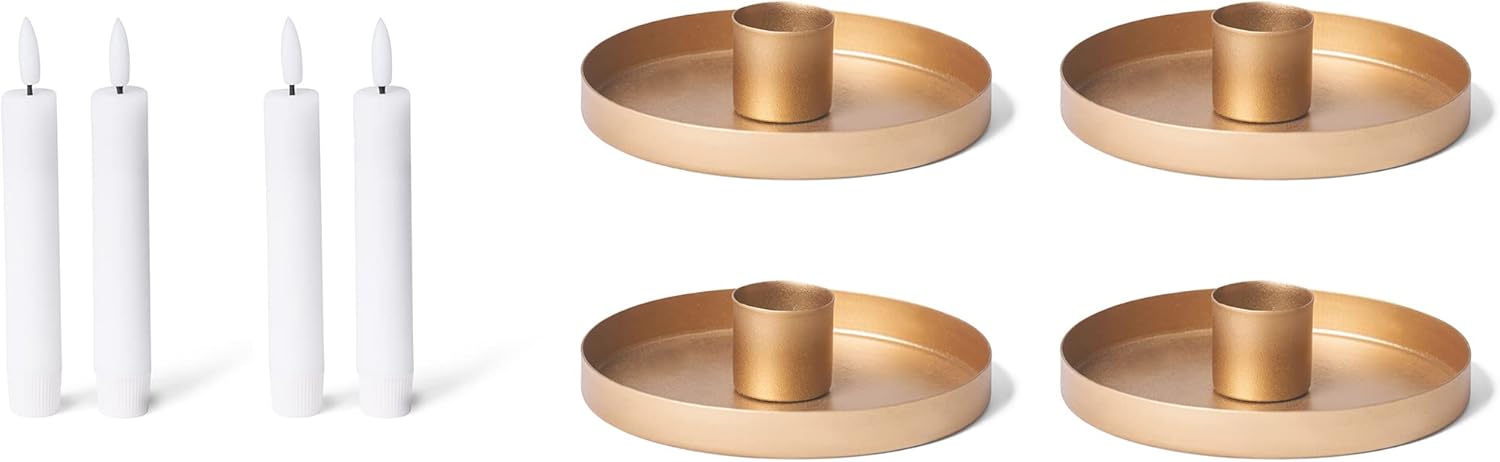 4X Kerzenhalter 6cm Metall Stabkerzen Tafelkerzen Gold mit LED-Stabkerze f&uuml;r Adventskranz flammenlos Kerzenteller Kerzenst&auml;nder weihnachtliche Tischdekoration Candle Holder Kerzenpin - Bild 1