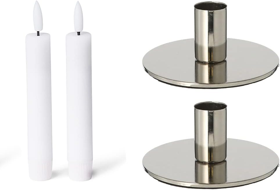 2er-Set Stabkerzenhalter Metall Silber 10x5cm mit LED-Stabkerze Premium flackerndem Licht Vintage Kerzenhalter Retro Home Deko weihnachtliche Tischdeko Kerzenst&auml;nder Kerzenpin Dekoschale - Bild 1