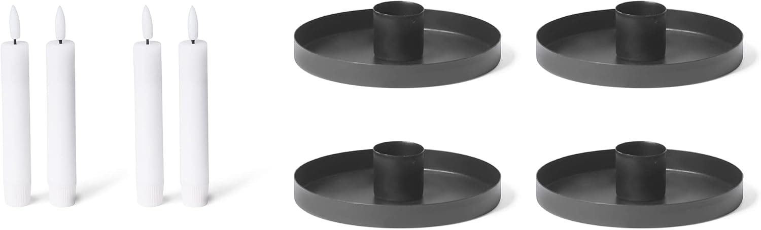 4er-Set Kerzenhalter Stabkerzen SCHWARZ Durchmesser 14cm mit Stabkerze Batteriebetrieben flammenlos Adventskranz Candle Holder weihnachtliche Tischdekoration Kerzenteller Kerzenst&auml;nder - Bild 1