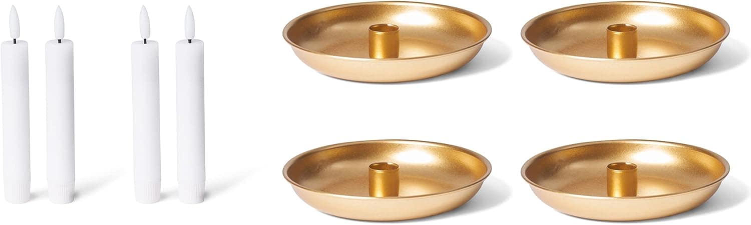 4er-Set Stabkerzenhalter Durchmesser 13cm Dekoschale Gold mit LED-Stabkerze aus Echtwachs Premium scandic chic Kerzenteller Tafelkerzen Weihnachtsdekoration Adventskranz Candle Holder - Bild 1