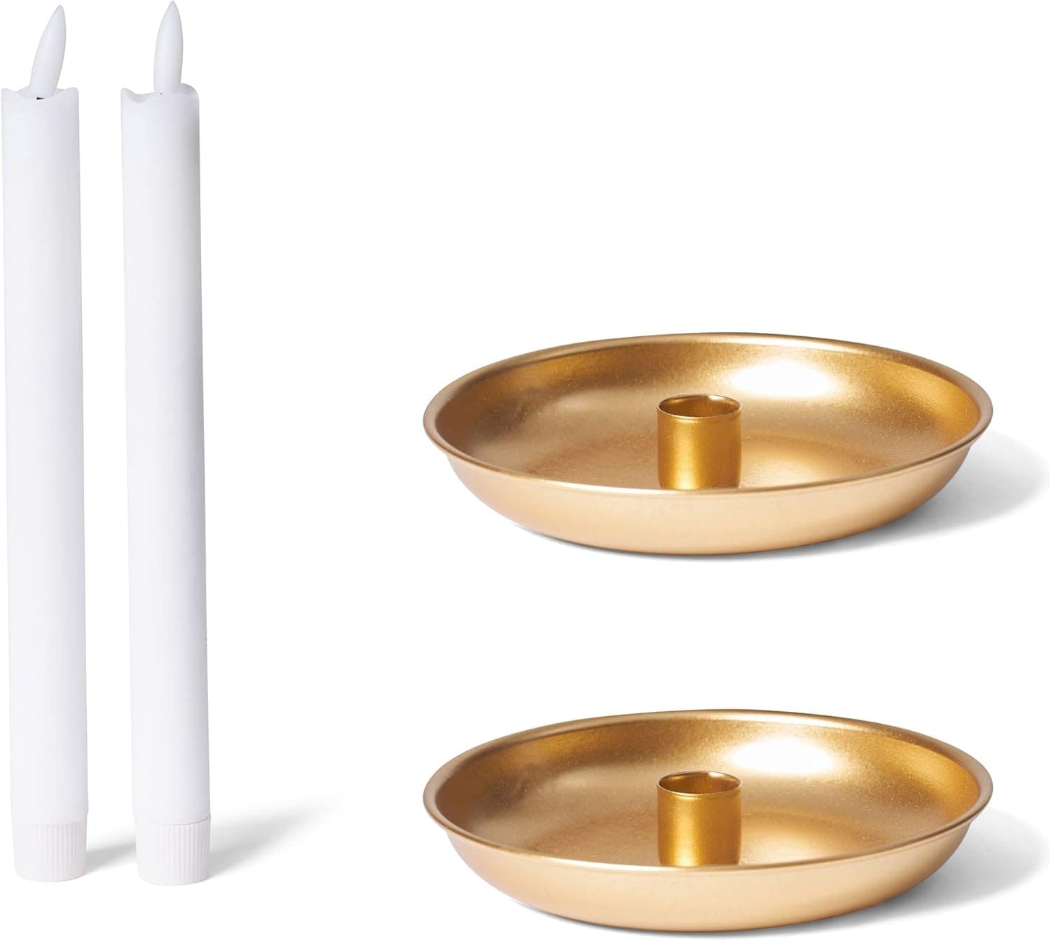 2er-Set Stabkerzenhalter Adventskranz rund Tafelkerzen Gold mit LED Premium Echtwachs Stabkerze flammenlos elektrisch Weihnachtsdekoration Candle Holder 15cm Metall Kerzenhalter Kerzenpick - Bild 1