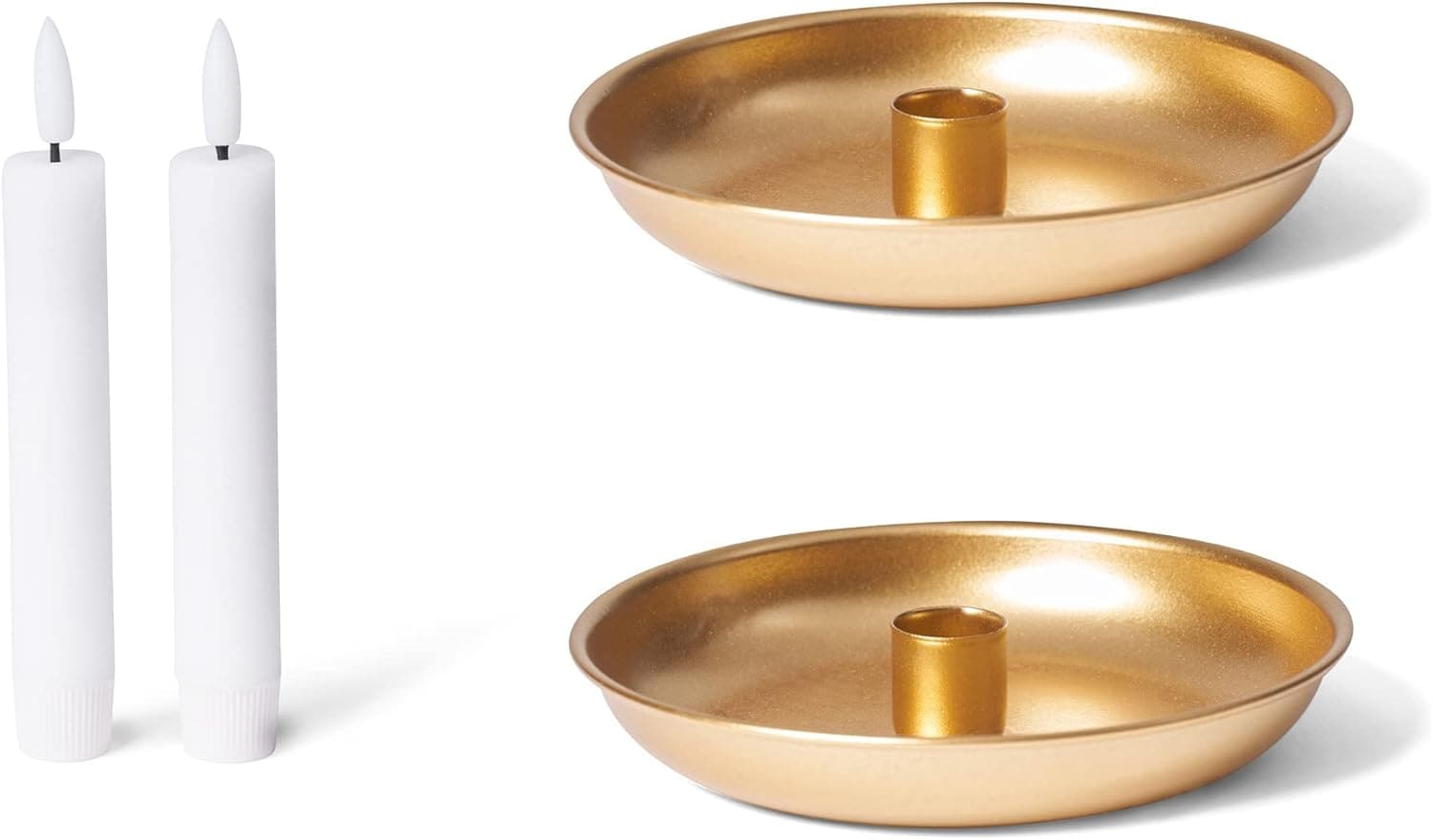2er-Set Stabkerzenhalter Adventskranz rund Tafelkerzen Gold mit flammenlos flackernder Echtwachskerze Premium LED Weihnachtsdekoration Candle Holder 15cm Metall Dekoschale Weihnachten - Bild 1