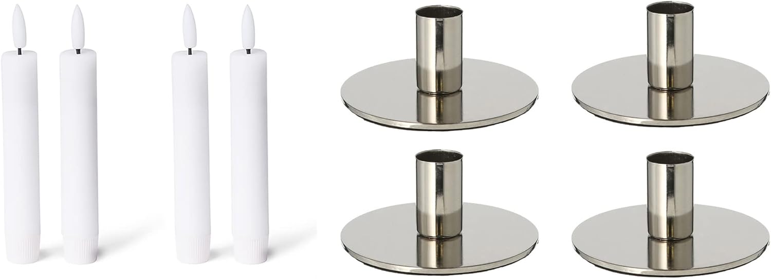 4er-Set Stabkerzenhalter Silber Weihnachtsdekoration Candle Holder 10x5cm Metall mit LED Kerzen flammenlos Echtwachskerzen Premium Adventskranz Weihnachten scandic chic Tafelkerzen - Bild 1