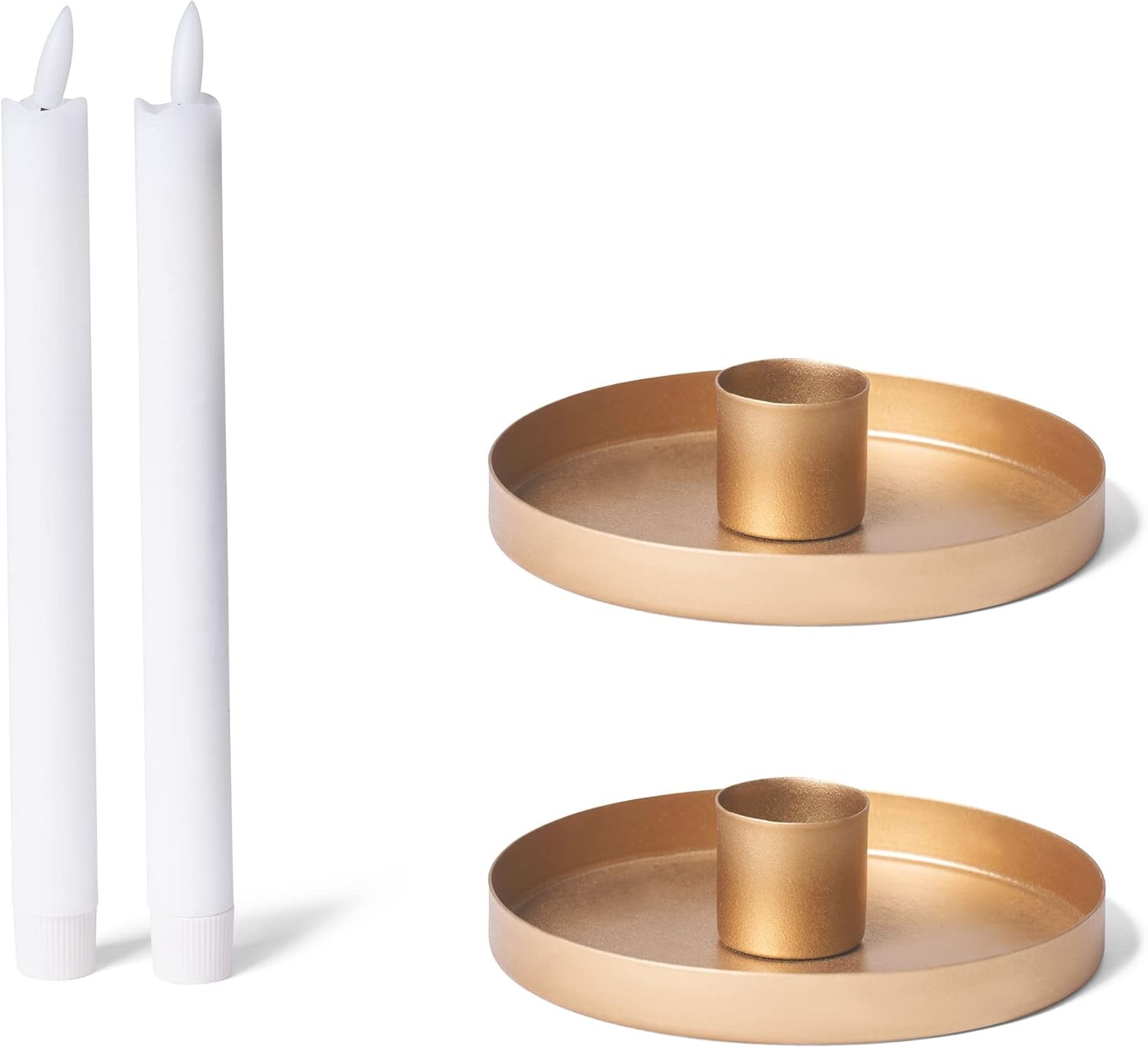 Novaliv 2X Stabkerzenhalter rund Metall Kerzenhalter Candle Holder Durchmesser 9cm Gold mit Premium LED-Stabkerze Echtwachs Flackereffekt Kerzenpick Adventskranz scandic chic Kerzenteller Dekoschale - Bild 1