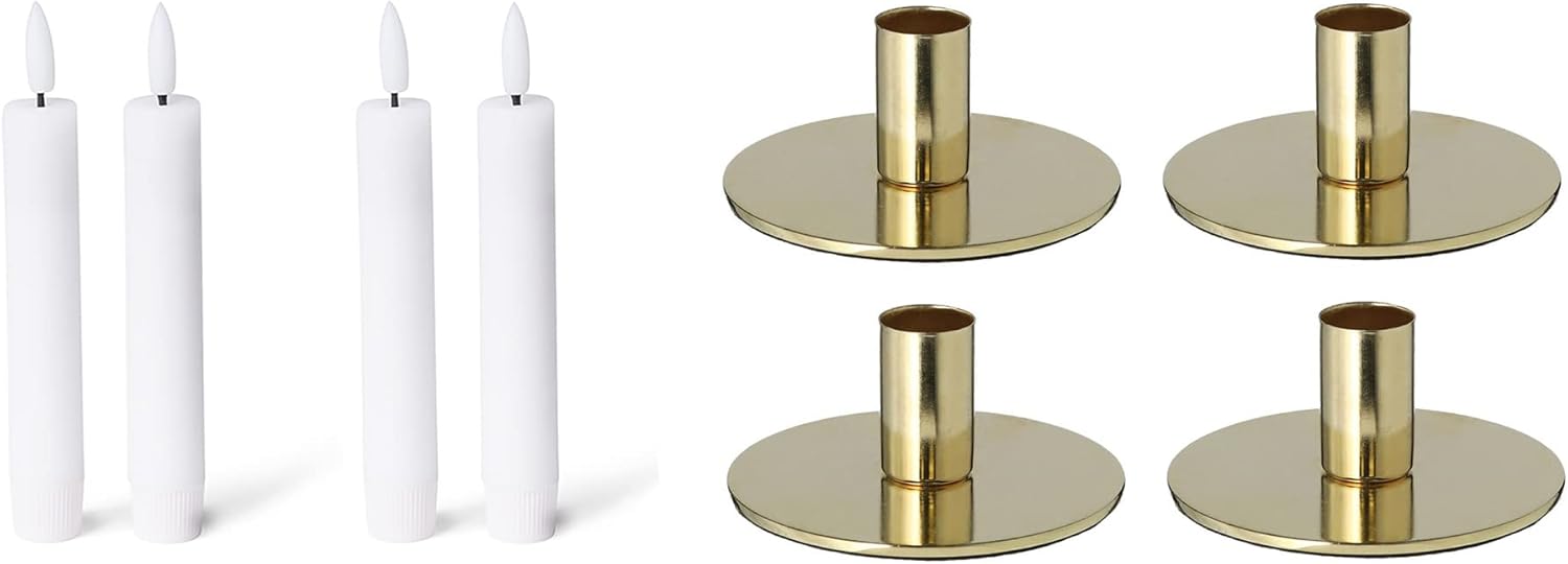 Novaliv 4er-Set Stabkerzenhalter Metall Gold 10x5cm mit LED Kerzen flammenlose Stabkerzen elektrisch batteriebetrieben Home Deko weihnachtliche Tischdeko Kerzenst&auml;nder Kerzenhalter Dekoschale - Bild 1