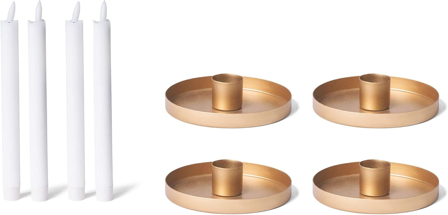 4X Kerzenhalter 9cm Metall Stabkerzenhalter Kerzenteller Gold mit Stabkerzen LED Premium Echtwachs Tafelkerzen Kerzenst&auml;nder Candle Holder Adventskranz weihnachtliche Tischdekoration - Bild 1