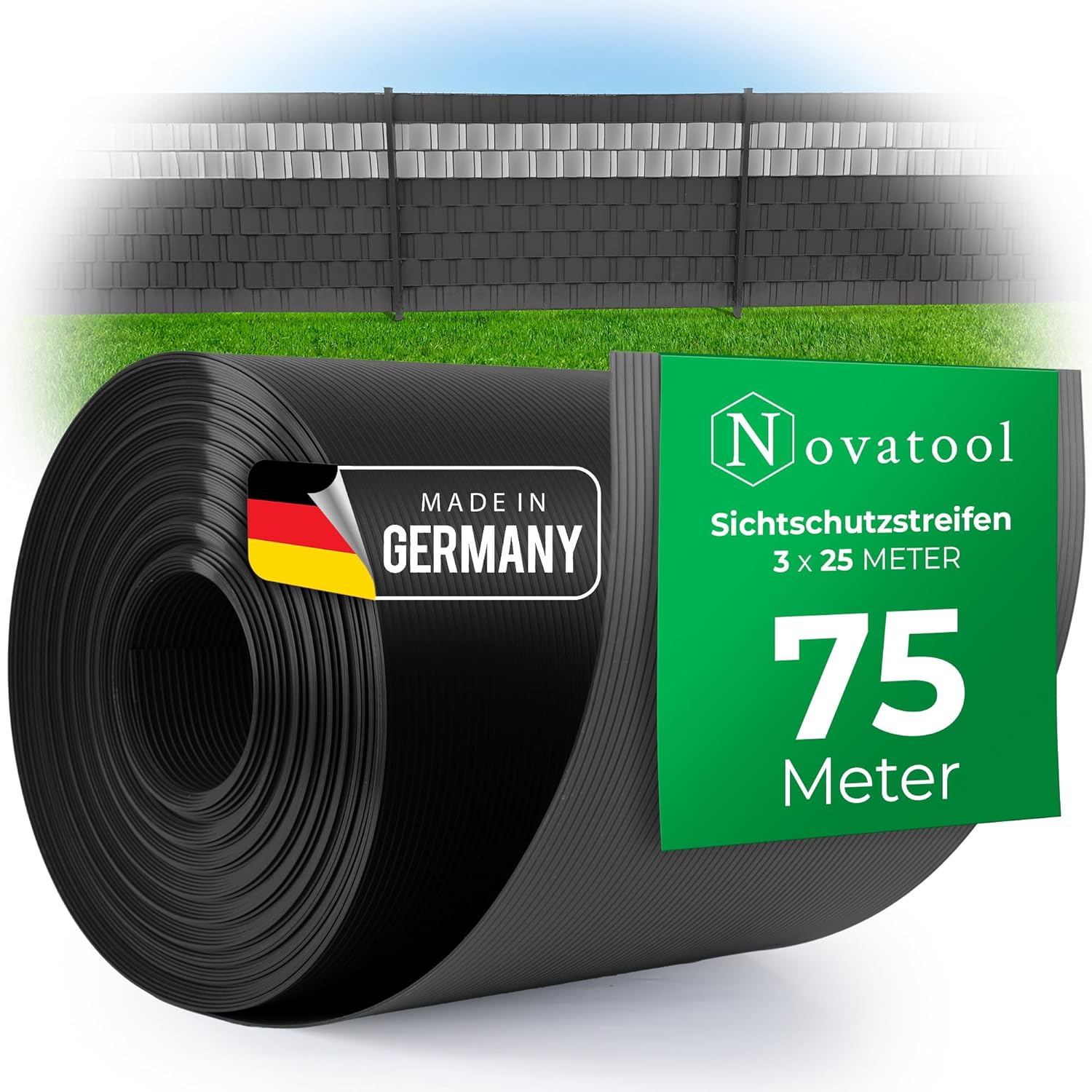 Novatool 3X 25m Rolle PP Premium Sichtschutzstreifen f&uuml;r Doppelstabmatten ANTHRAZIT RAL 7016-19 cm hoch - 30 Reihen Stabmattenzaun Sichtschutzstreifen GRAU mit Rillen Zaunelemente Sichtschutz - Bild 1