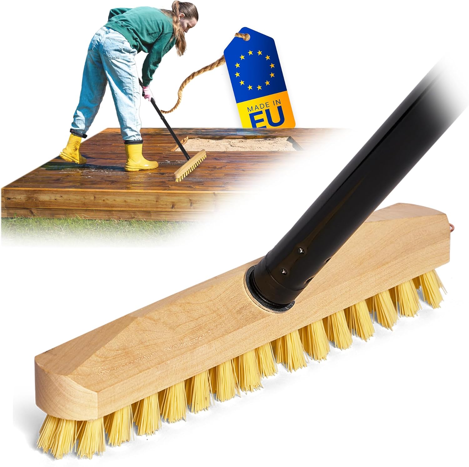 Schrubber aus Holz mit Borsten Wischer mit Gewinde und Steckstiel vierteilig - Scheuerb&uuml;rste PPN Boden-B&uuml;rste Ideal f&uuml;r Reinigung von Balkon Terrasse Garten Innen- Au&szlig;enbereich - Bild 1