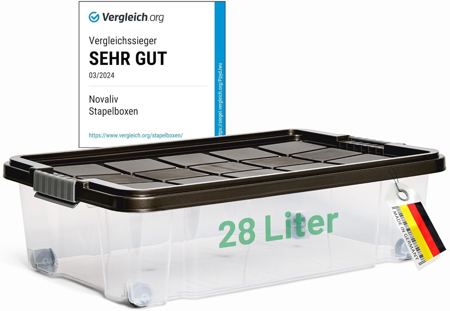 Novaliv Unterbett Aufbewahrungsbox mit Rollen Deckel 28L Anthrazit Nestbar stapelbare Clipverschluss Bettkasten mit Rollen BPA-frei 61x40x17 cm - Bild 1