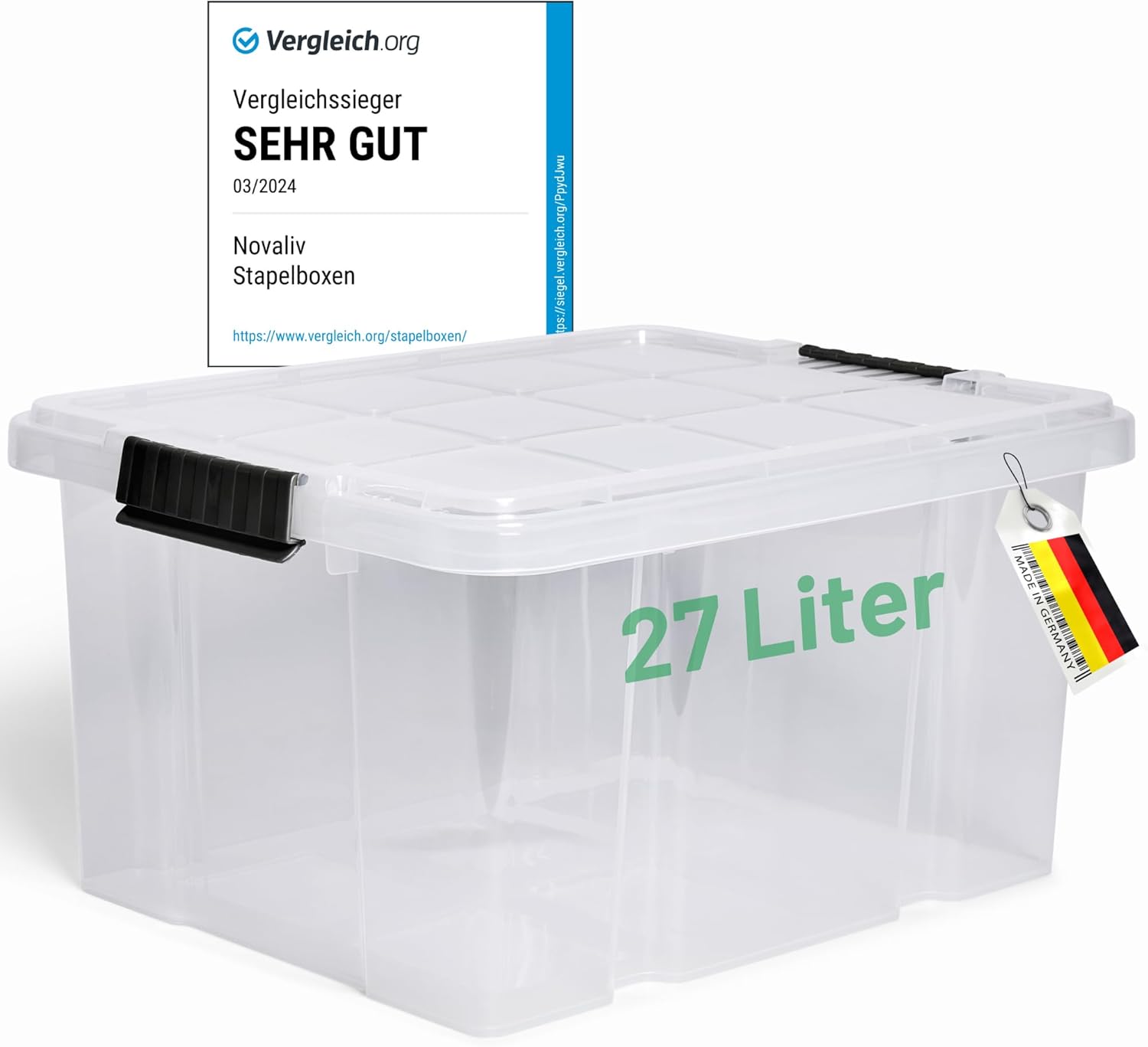 Novaliv Aufbewahrungsbox mit Deckel 27L transparente Nestbar stapelbare Plastikbox mit Clipverschluss Eurobox Kunststoffbox BPA-frei 46,5x36,5x24 cm - Bild 1