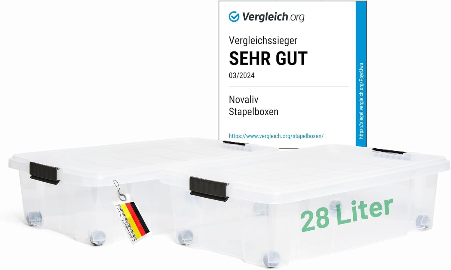 Novaliv 2x Unterbettkommode mit Rollen 28L Aufbewahrungsbox Deckel transparente Nestbar stapelbare mit Clipverschluss Rollkiste BPA-frei 61x40x17 cm - Bild 1