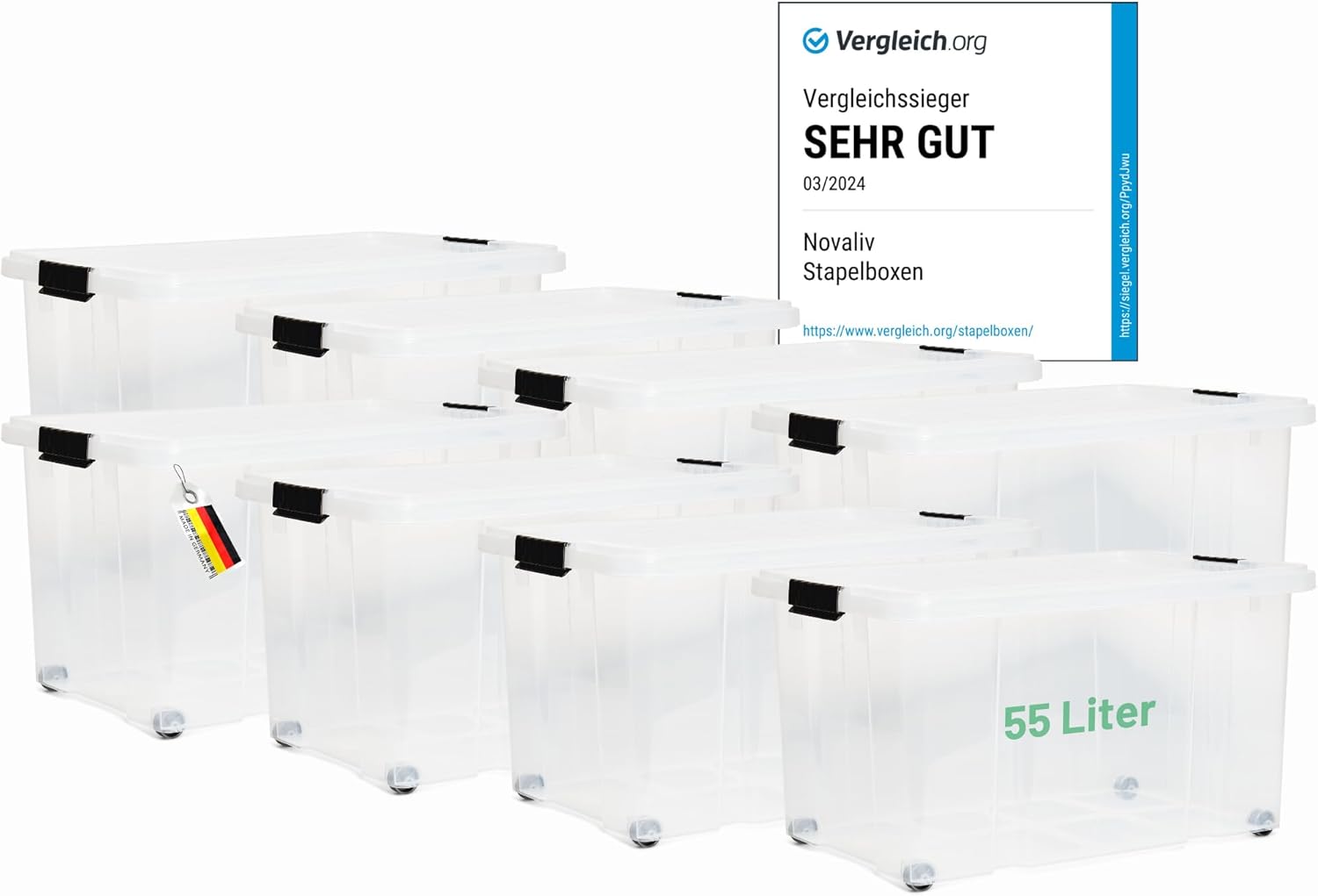 Novaliv 8x Aufbewahrungsboxen mit Deckel Gro&szlig; 55L transparente Nestbar stapelbar mit Clipverschluss Rollboxen Kunststoff BPA-frei 61x40x32,5 cm - Bild 1