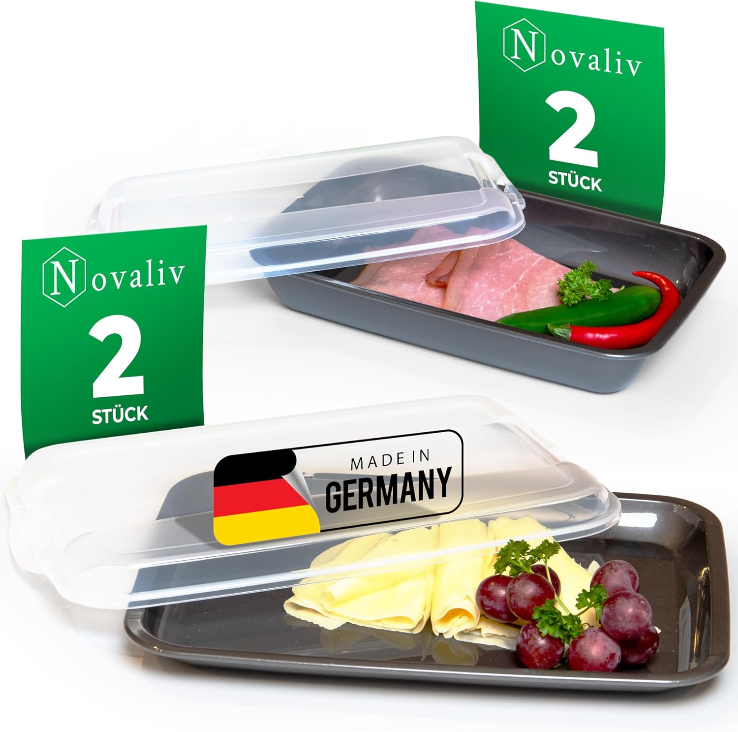 Novaliv Sparset 2x flach 2x hoch Anthrazit Premium Aufschnittbox mit Transparentem Deckel, Frischhaltedosen f&uuml;r Wurst & K&auml;se Ma&szlig;e 25x17x3 cm 25x17x5 cm K&uuml;hlschrank Organizer Kn&auml;ckebrotbox must-have - Bild 1