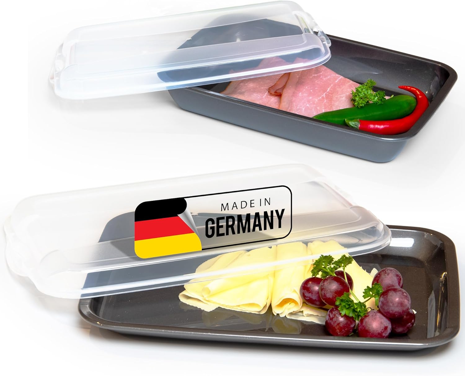 Novaliv Sparset 1x flach 1x hoch Anthrazit Premium Aufschnittbox mit Transparentem Deckel, Frischhaltedosen f&uuml;r Wurst & K&auml;se Ma&szlig;e 25x17x3 cm 25x17x5 cm K&uuml;hlschrank Organizer Kn&auml;ckebrotbox must-have - Bild 1