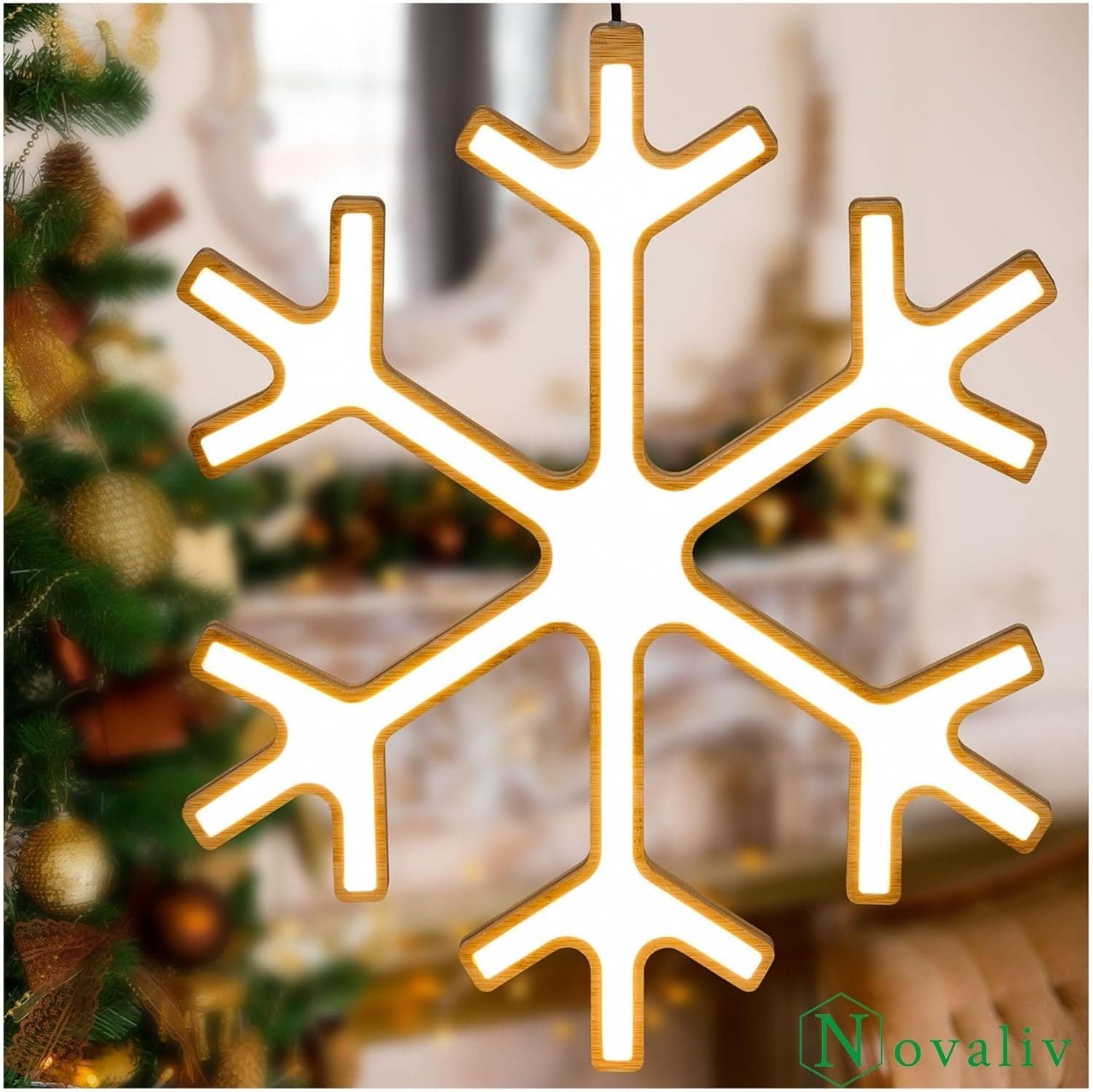Novaliv LED Schneeflocke Lampe 30cm &Oslash; Naturholz H&auml;ngelampe Wohnzimmer LED Warmwei&szlig; Flocke beleuchtet innen - Innendeko Fensterdeko f&uuml;r Weihnachtszeit Nachttischlampe Weihnachtsbeleuchtung 