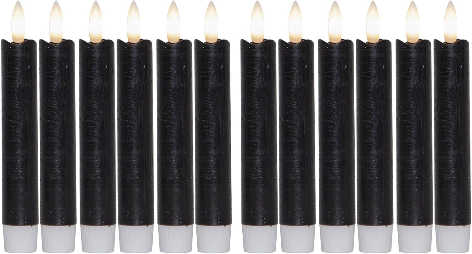 Stabkerzen LED mit Timer SCHWARZ 12 St&uuml;ck indoor 6 Stunden ECHTWACHS 15cm H&ouml;he f&uuml;r Kerzen 2 ,2cm Durchmesser 2 AAA Batterien notwendig LED Stabkerzen 4er Set SCHWARZ (drei Mal) bewegliche Flamme Licht - Bild 1