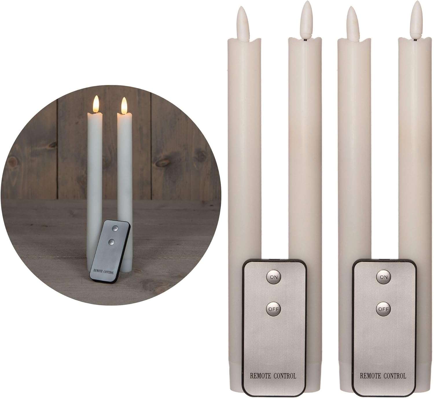Stabkerzen LED mit Timer WEISS 4 St&uuml;ck WEISS indoor - 6 Stunden - ECHTWACHS 23cm H&ouml;he f&uuml;r Kerzen 2 ,2cm Durchmesser 2 AAA Batterien notwendig LED Stabkerzen flackernde Flamme bewegliche Flamme Licht - Bild 1
