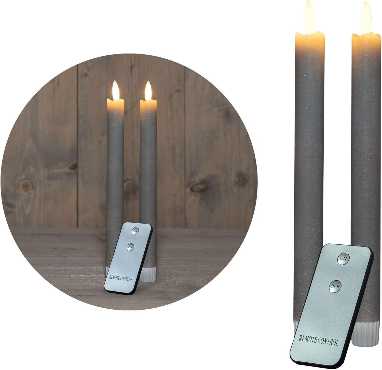 Novaliv Stabkerzen LED mit Timer Taupe GRAU 2er Indoor mit Timer Funktion 6 Stunden ECHTWACHS 23cm H&ouml;he f&uuml;r Kerzen 2 ,2cm Durchmesser 2 AAA Batterien LED Stabkerzen flackernde Flamme bewegliche Flamme - Bild 1