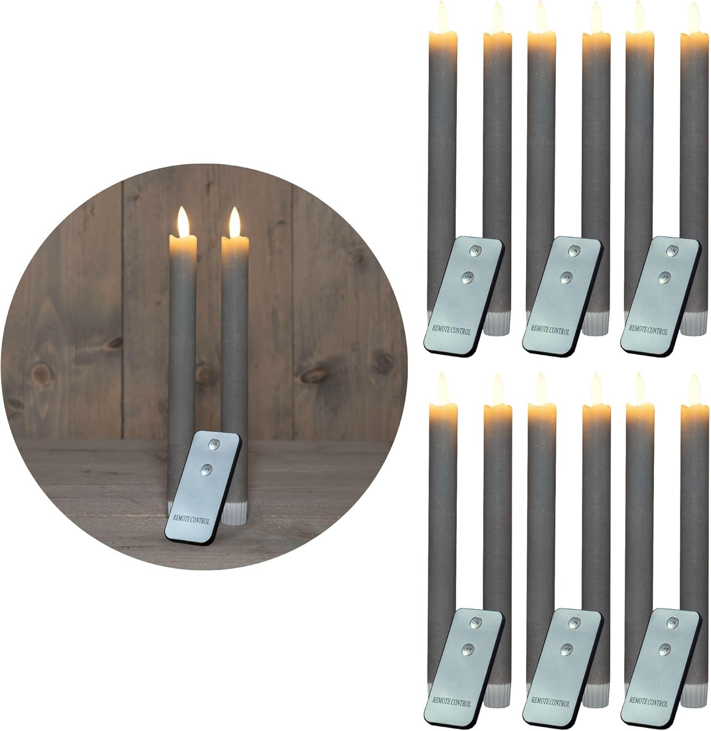 Novaliv Stabkerzen LED mit Timer Taupe GRAU 12 St&uuml;ck Indoor 6 Stunden ECHTWACHS 23cm H&ouml;he f&uuml;r Kerzen 2 ,2cm Durchmesser 2 AAA Batterien notwendig LED Stabkerzen 4er Set 3X bewegliche Flamme Licht - Bild 1