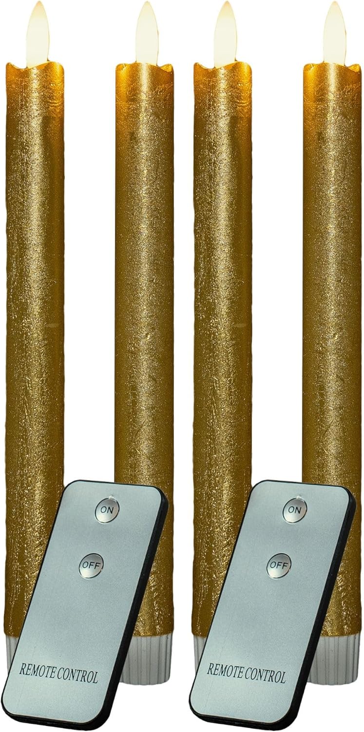 Stabkerzen LED mit Timer GOLD 4 St&uuml;ck GOLD indoor - 6 Stunden - ECHTWACHS 23cm H&ouml;he f&uuml;r Kerzen 2 ,2cm Durchmesser 2 AAA Batterien notwendig LED Stabkerzen flackernde Flamme bewegliche Flamme Licht - Bild 1