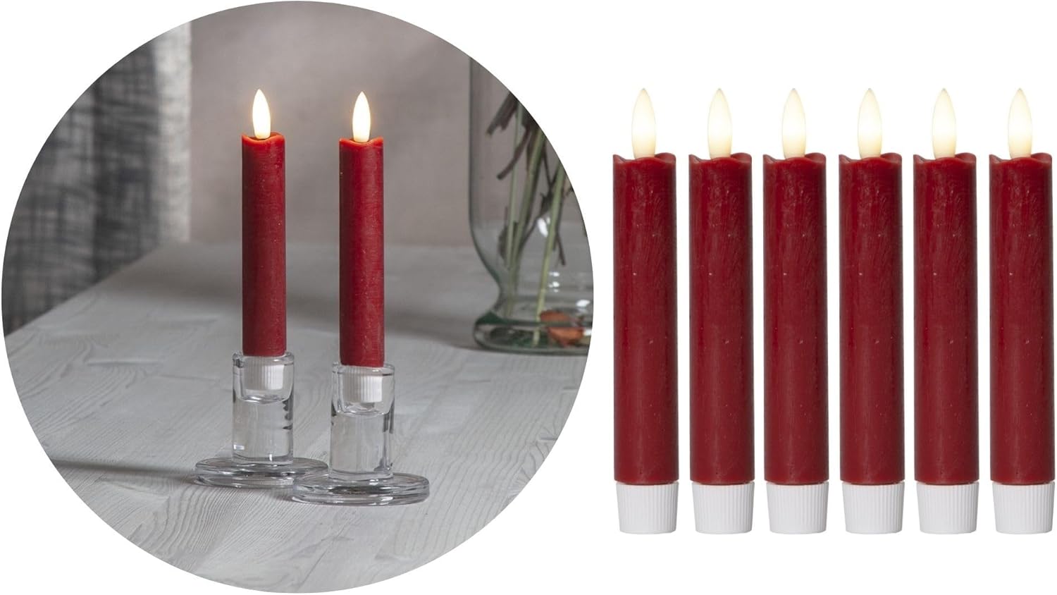Novaliv Stabkerzen LED mit Timer ROT 6 St&uuml;ck Indoor 6 Stunden ECHTWACHS 15cm H&ouml;he f&uuml;r Kerzen 2 ,2cm Durchmesser 2 AAA Batterien notwendig LED Stabkerzen 4er Set 2X bewegliche Flamme Licht - Bild 1
