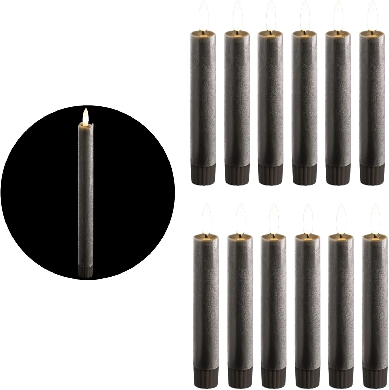 Stabkerzen LED mit Timer GRAU 12 St&uuml;ck indoor 6 Stunden ECHTWACHS 15cm H&ouml;he f&uuml;r Kerzen 2 ,2cm Durchmesser 2 AAA Batterien notwendig LED Stabkerzen 4er Set GRAU (drei Mal) bewegliche Flamme Licht - Bild 1