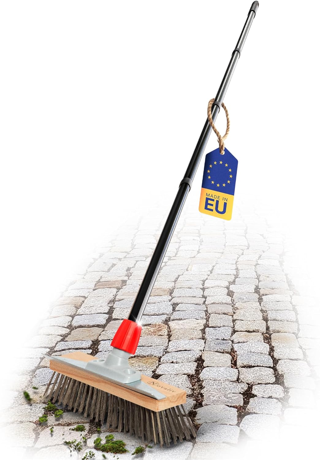 Novaliv Robuster Drahtbesen mit Stiel - Stahlbesen mit 4-TLG Stiel, Effiziente Moosentfernung, Drahtb&uuml;rste, f&uuml;r Pflastersteine & Garten, Stahldrahtbesen, Mooskratzer, Pizzabesen, Pizzastein B&uuml;rste - Bild 1