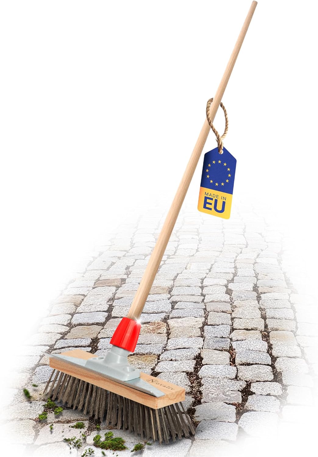 Novaliv Robuster Drahtbesen mit Stiel - Stahlbesen mit Holzstiel, Effiziente Moosentfernung, Drahtb&uuml;rste, f&uuml;r Pflastersteine & Garten, Stahldrahtbesen, Mooskratzer, Pizzabesen, Pizzastein B&uuml;rste - Bild 1