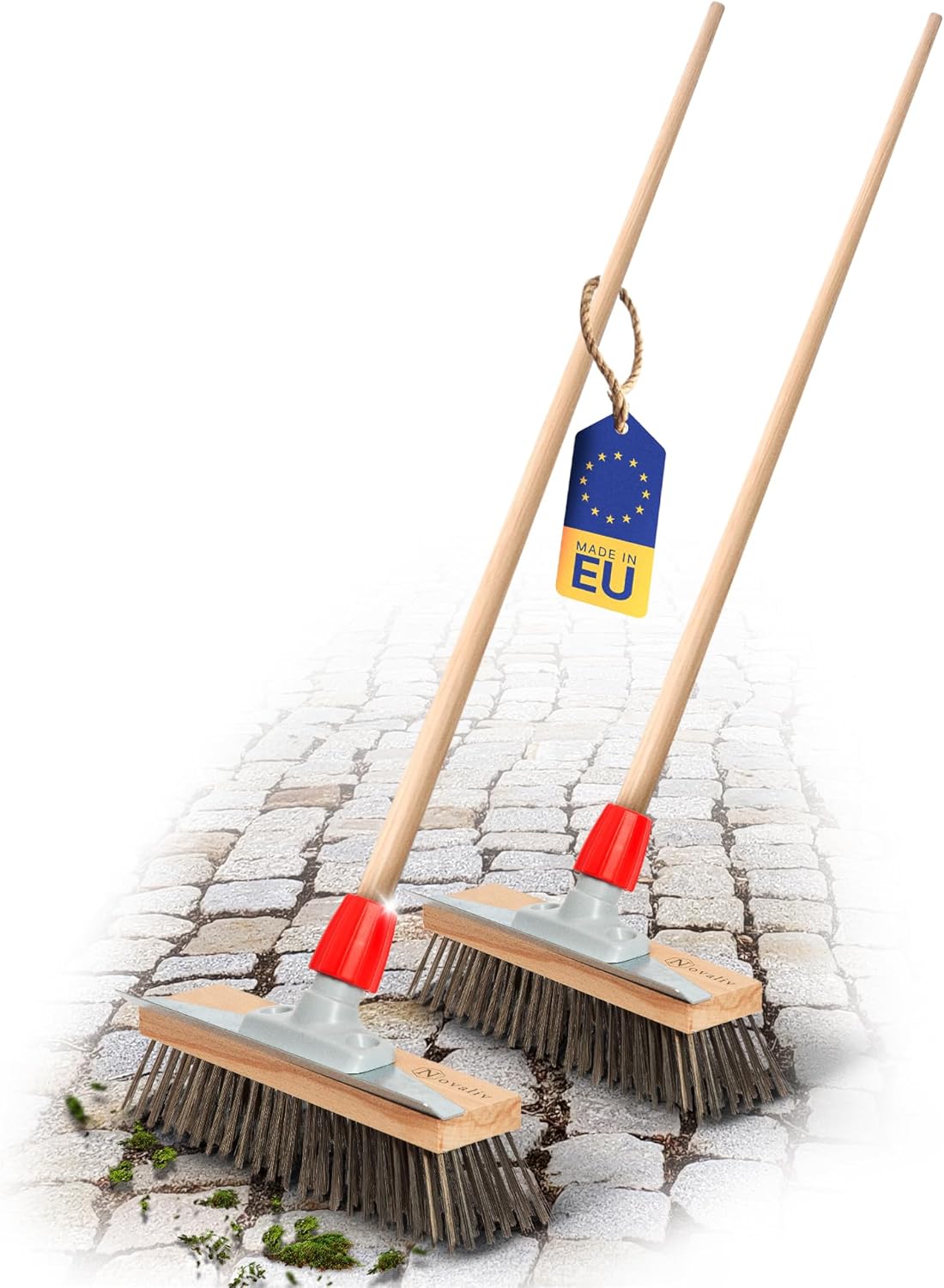 Novaliv 2X Robuster Drahtb&uuml;rste mit Stiel - Stahlbesen mit Holzstiel , Effiziente Moosentfernung , Stra&szlig;enbesen , f&uuml;r Pflastersteine & Garten , Stahlbesen , Mooskratzer , Pizzabesen , Pizzastein B&uuml;rste - Bild 1
