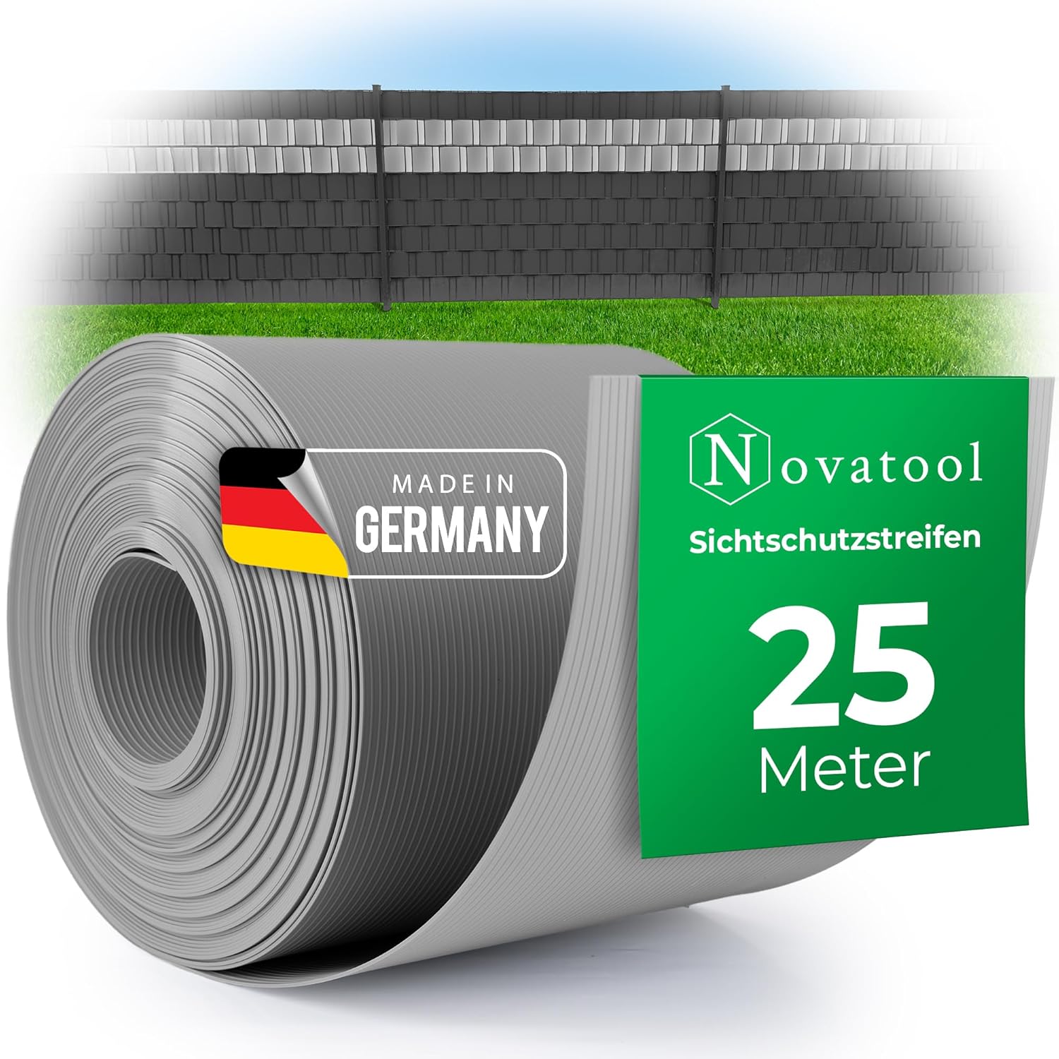 Novatool Premium PP 25m Rolle Sichtschutzstreifen f&uuml;r Doppelstabmattenzaun Fenster GRAU f&uuml;r 10 Reihen Stabmattenzaun Sichtschutzstreifen langlebig & witterungsbest&auml;ndig Zaunelemente Sichtschutz - Bild 1