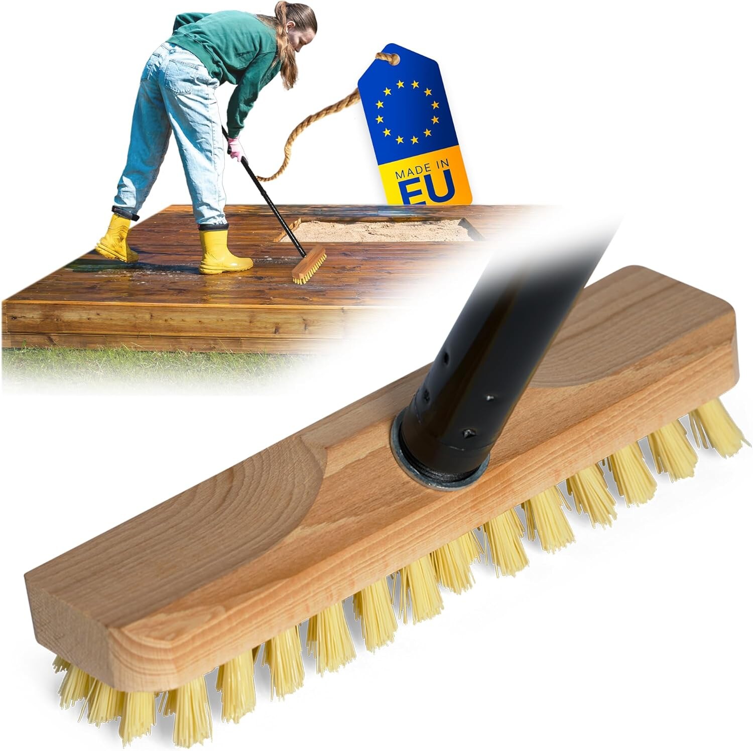 Schrubber aus Holz mit Borsten Wischer mit Gewinde und Schraub- Steckstiel vierteilig Scheuerbürste PPN Boden Bürste Ideal für Reinigung von Balkon Terrasse Garten Innen & Außenbereich
