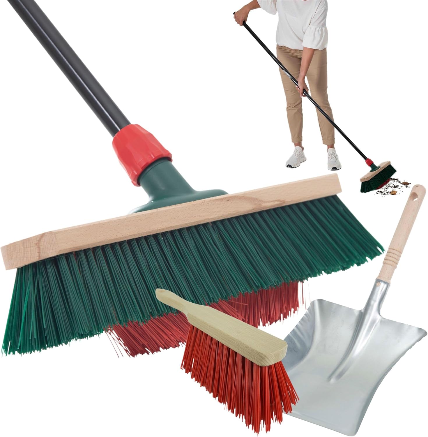 Novaliv Gartenbesen mit Stiel V-Borsten 40 cm Elaston Borsten inkl. Kehrgarnitur schwarz bestehend aus Kehrblech und Handfeger Terassenbesen Hofbesen Stallbesen Kehrbesen Outdoor Broom - Bild 1