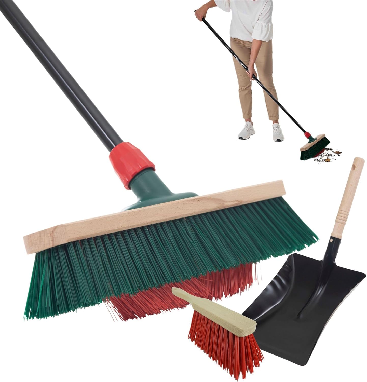 Novaliv Gartenbesen mit Stiel V-Borsten 40 cm Elaston Borsten inkl. Kehrgarnitur verzinkt mit Gummilippe bestehend aus Kehrblech & Handfeger Terassenbesen Hofbesen Stallbesen Outdoor Broom - Bild 1