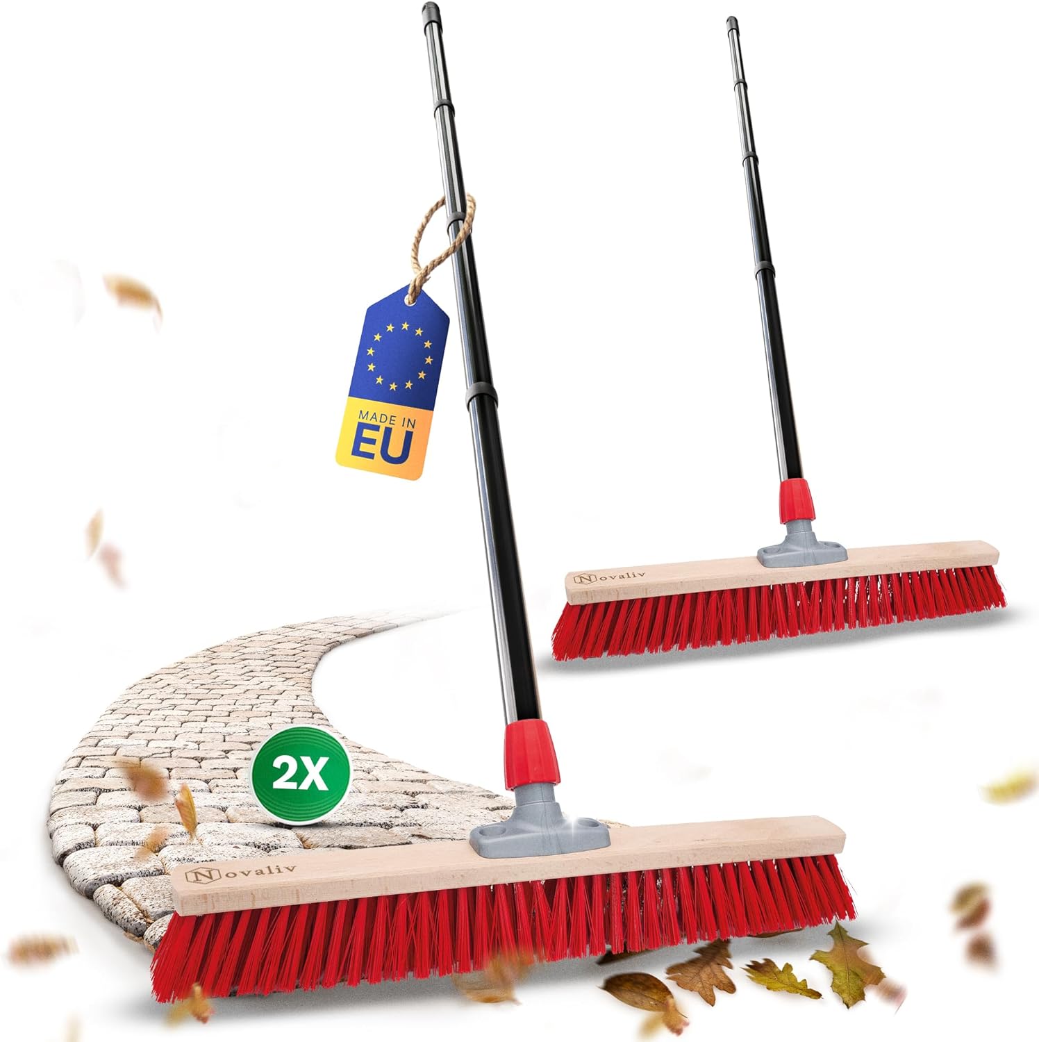 Novaliv 2X Stra&szlig;enbesen 60 cm mit Stiel drau&szlig;en Elaston Borsten Ideal als Besen drau&szlig;en Gartenbesen Harte Borsten mit Stiel Terassenbesen Hofbesen Stallbesen Kehrbesen Industriebesen Outdoor Broom - Bild 1