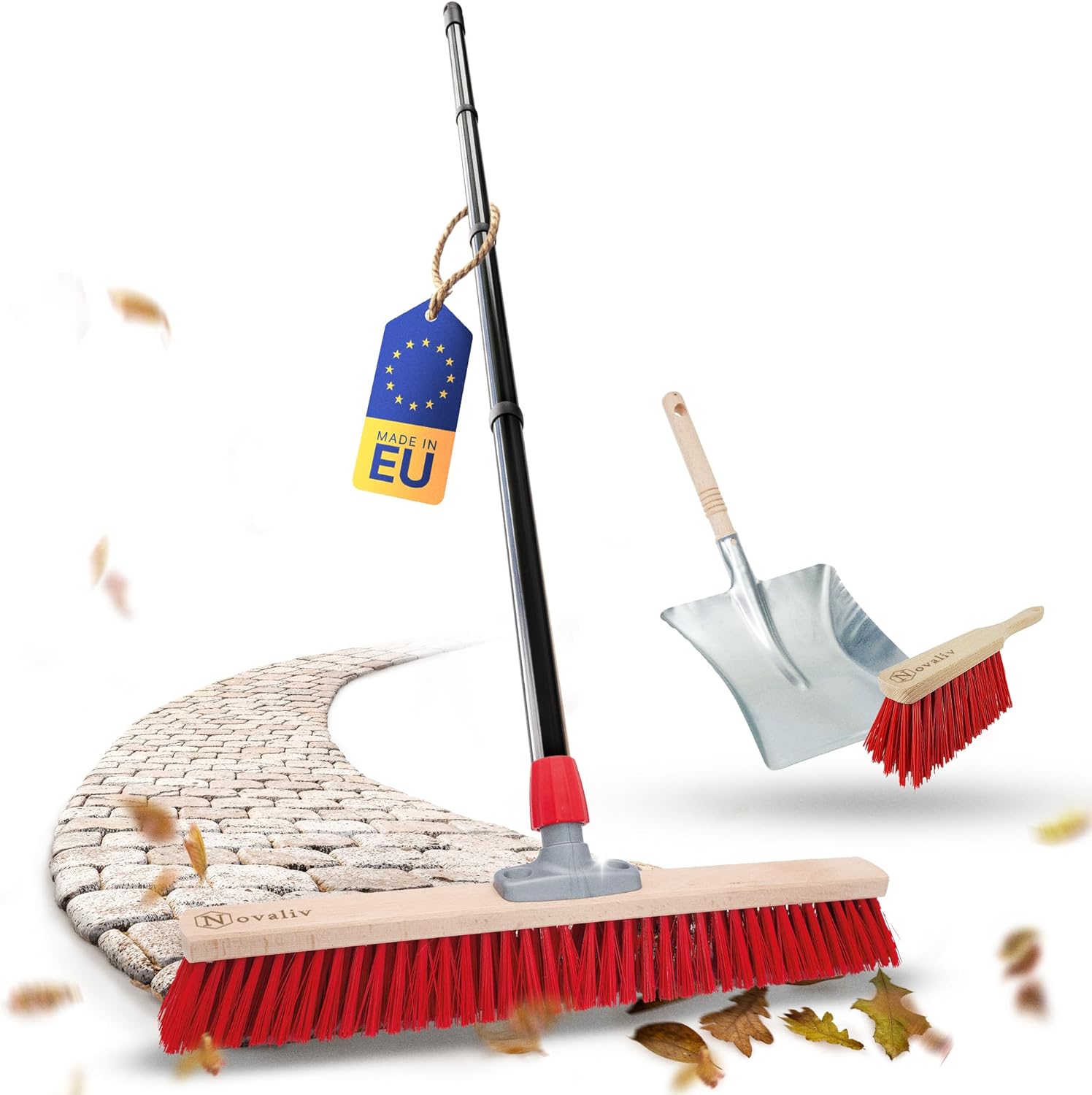 Novaliv Stra&szlig;enbesen mit Stiel 60 cm Elaston Borsten inkl. Kehrgarnitur schwarz bestehend aus Kehrblech und Handfeger Ideal als Gartenbesen Terassenbesen Hofbesen Stallbesen Kehrbesen Outdoor Broom - Bild 1