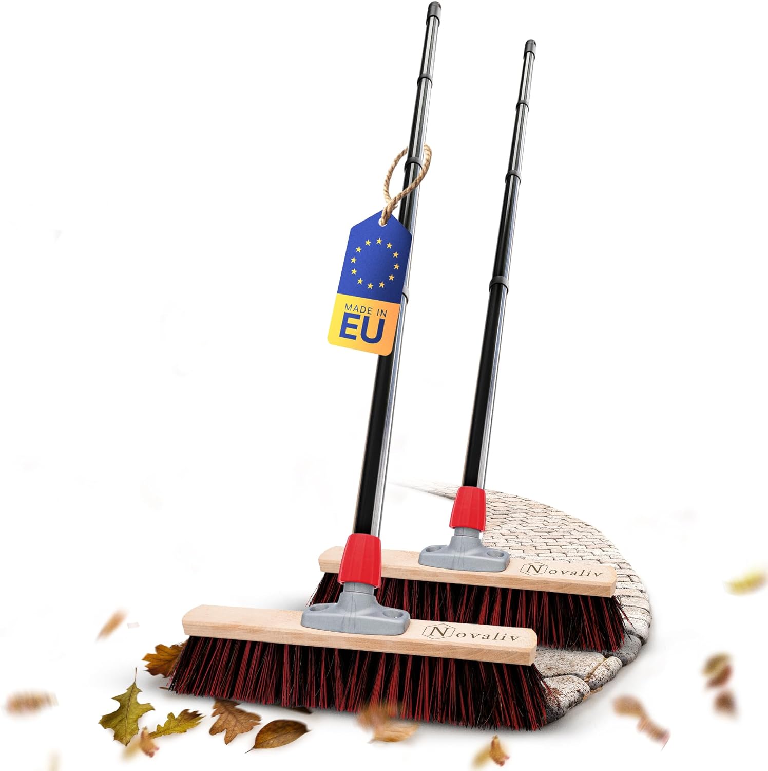 Novaliv 2X Stra&szlig;enbesen 40 cm mit Stiel drau&szlig;en Arenga-Elaston Borsten Ideal als Besen drau&szlig;en Gartenbesen Harte Borsten mit Stiel Hofbesen Stallbesen Kehrbesen Industriebesen Outdoor Broom - Bild 1